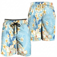 Hawaii Hibiscus Plumeria Blue Shorts for Men Polynesian Pattern