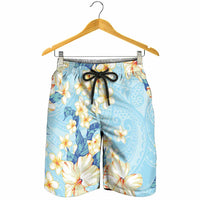 Hawaii Hibiscus Plumeria Blue Shorts for Men Polynesian Pattern