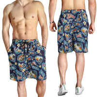 Hawaii Islands Map Design with Japanese Landscape Shorts for Men Hawaiian Japan Fusion Art Navy Color LT03 - Polynesian Pride