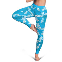 Hawaii Monstera Deliciosa Leggings Blue Plumeria Polynesian Pattern - Polynesian Pride