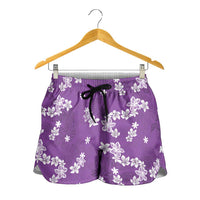 Hawaii Monstera Deliciosa Shorts for Women Purple Plumeria Polynesian Pattern - Polynesian Pride