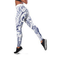 Hawaii Plumeria Lokelani Pikake Lei Leggings Navy Blue Polynesian Tattoo
