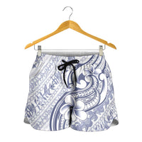 Hawaii Plumeria Lokelani Pikake Lei Shorts for Women Navy Blue Polynesian Tattoo