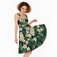 Hawaii Plumeria Tropical Leaves Midi Dress Monstera Calathea Palm Fronds