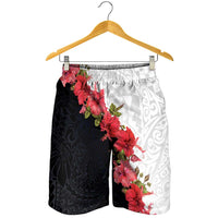 Hawaii Red Hibiscus Flowers Shorts for Men Polynesian Pattern Half Black White Version - Polynesian Pride
