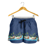 Hawaii Santa Riding Sea Turtle Shorts for Women Mele Kalikimaka Polynesian Pattern - Polynesian Pride