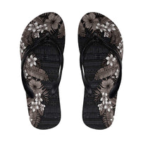 Hawaii Tropical Flowers and Leaves Flip Flops Tapa Pattern Grayscale Mode
