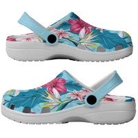 Hawaii Tropical Flowers Clogs Shoes Polynesian Tattoo Sky Blue
