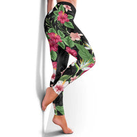 Hawaii Tropical Flowers Leggings Polynesian Tattoo Black