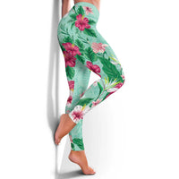 Hawaii Tropical Flowers Leggings Polynesian Tattoo Mint Green