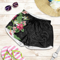 Hawaii Tropical Flowers Shorts for Women Polynesian Tattoo Black