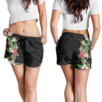 Hawaii Tropical Flowers Shorts for Women Polynesian Tattoo Black