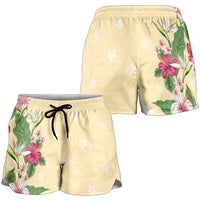 Hawaii Tropical Flowers Shorts for Women Polynesian Tattoo Buttermilk