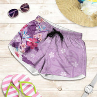 Hawaii Tropical Flowers Shorts for Women Polynesian Tattoo Lavender