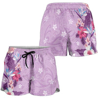Hawaii Tropical Flowers Shorts for Women Polynesian Tattoo Lavender