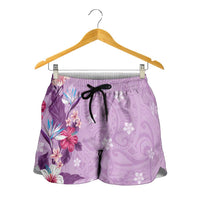 Hawaii Tropical Flowers Shorts for Women Polynesian Tattoo Lavender