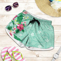 Hawaii Tropical Flowers Shorts for Women Polynesian Tattoo Mint Green