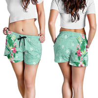 Hawaii Tropical Flowers Shorts for Women Polynesian Tattoo Mint Green