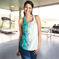Hawaii Tropical Plant Teal Women Racerback Tank Vibrant Polynesian Pattern