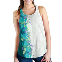 Hawaii Tropical Plant Teal Women Racerback Tank Vibrant Polynesian Pattern