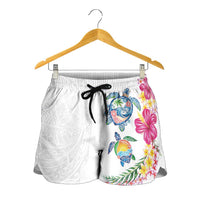 Hawaiian Abstract Art Turtles Shorts for Women with Plumeria and Hibiscus - Polynesian Pride