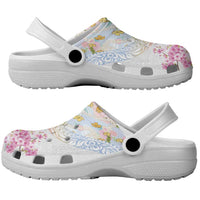 Hawaiian and Japanese Culture Together Clogs Shoes Tribal Motifs with Lei and Japanese Sakura Pattern