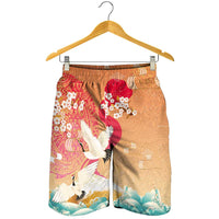 Hawaiian and Japanese Culture Together Shorts for Men Kakau Art Tattoo with Cranes and Sakura Spring Vibe - Polynesian Pride