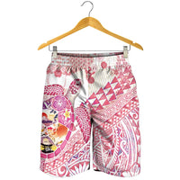 Hawaiian and Japanese Culture Together Shorts for Men Tropical Honu with Japanese Elements Pink Color