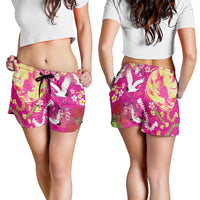 Hawaiian and Japanese Culture Together Shorts for Women Kakau Tribal Pattern and Irezumi Art Pink Color