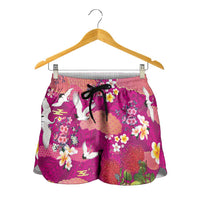 Hawaiian and Japanese Culture Together Shorts for Women Pink Ohia Lehua Plumeria and Sakura Blooming - Polynesian Pride