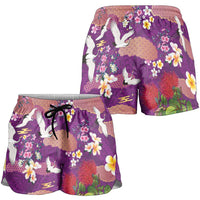 Hawaiian and Japanese Culture Together Shorts for Women Purple Ohia Lehua Plumeria and Sakura Blooming - Polynesian Pride