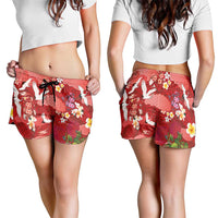 Hawaiian and Japanese Culture Together Shorts for Women Red Ohia Lehua Plumeria and Sakura Blooming - Polynesian Pride