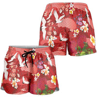 Hawaiian and Japanese Culture Together Shorts for Women Red Ohia Lehua Plumeria and Sakura Blooming - Polynesian Pride