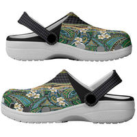 Hawaiian Art Flower Tribal with Lei Clogs Shoes Palaka Pattern Black Color - Polynesian Pride