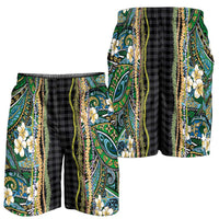 Hawaiian Art Flower Tribal with Lei Shorts for Men Palaka Pattern Black Color - Polynesian Pride