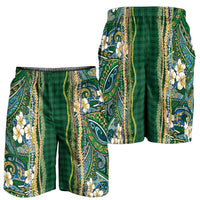 Hawaiian Art Flower Tribal with Lei Shorts for Men Palaka Pattern Green Color - Polynesian Pride