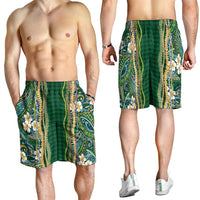 Hawaiian Art Flower Tribal with Lei Shorts for Men Palaka Pattern Green Color - Polynesian Pride