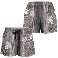 Hawaiian Art Flower Tribal with Lei Shorts for Women Palaka Pattern Grayscale - Polynesian Pride