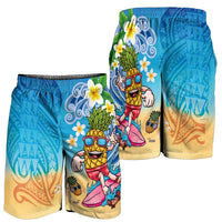 Hawaiian Funny Pineapple Surfing Shorts for Men Beach with Tribal Kakau and Plumeria