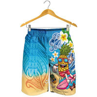 Hawaiian Funny Pineapple Surfing Shorts for Men Beach with Tribal Kakau and Plumeria