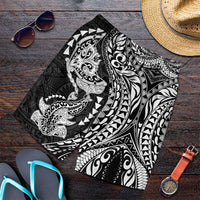 Hawaiian Manta Ray and Hammerhead Shark Tribal Tattoo Shorts for Men with Polynesian Tribal Pattern Black-White Color