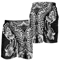 Hawaiian Manta Ray and Hammerhead Shark Tribal Tattoo Shorts for Men with Polynesian Tribal Pattern Black-White Color