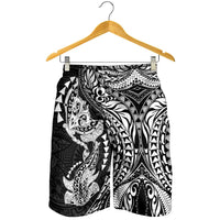 Hawaiian Manta Ray and Hammerhead Shark Tribal Tattoo Shorts for Men with Polynesian Tribal Pattern Black-White Color