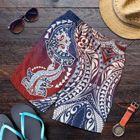 Hawaiian Manta Ray and Hammerhead Shark Tribal Tattoo Shorts for Men with Polynesian Tribal Pattern Hawaii Flag Color