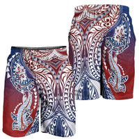 Hawaiian Manta Ray and Hammerhead Shark Tribal Tattoo Shorts for Men with Polynesian Tribal Pattern Hawaii Flag Color