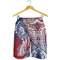 Hawaiian Manta Ray and Hammerhead Shark Tribal Tattoo Shorts for Men with Polynesian Tribal Pattern Hawaii Flag Color