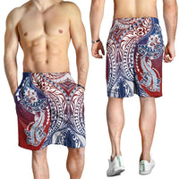 Hawaiian Manta Ray and Hammerhead Shark Tribal Tattoo Shorts for Men with Polynesian Tribal Pattern Hawaii Flag Color