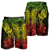 Hawaiian Manta Ray and Hammerhead Shark Tribal Tattoo Shorts for Men with Polynesian Tribal Pattern Reggae Style