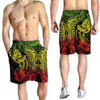 Hawaiian Manta Ray and Hammerhead Shark Tribal Tattoo Shorts for Men with Polynesian Tribal Pattern Reggae Style