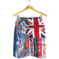 Hawaiian Manta Ray and Turtle Tribal Tattoo Shorts for Men with Hawaii Flag and Flowers